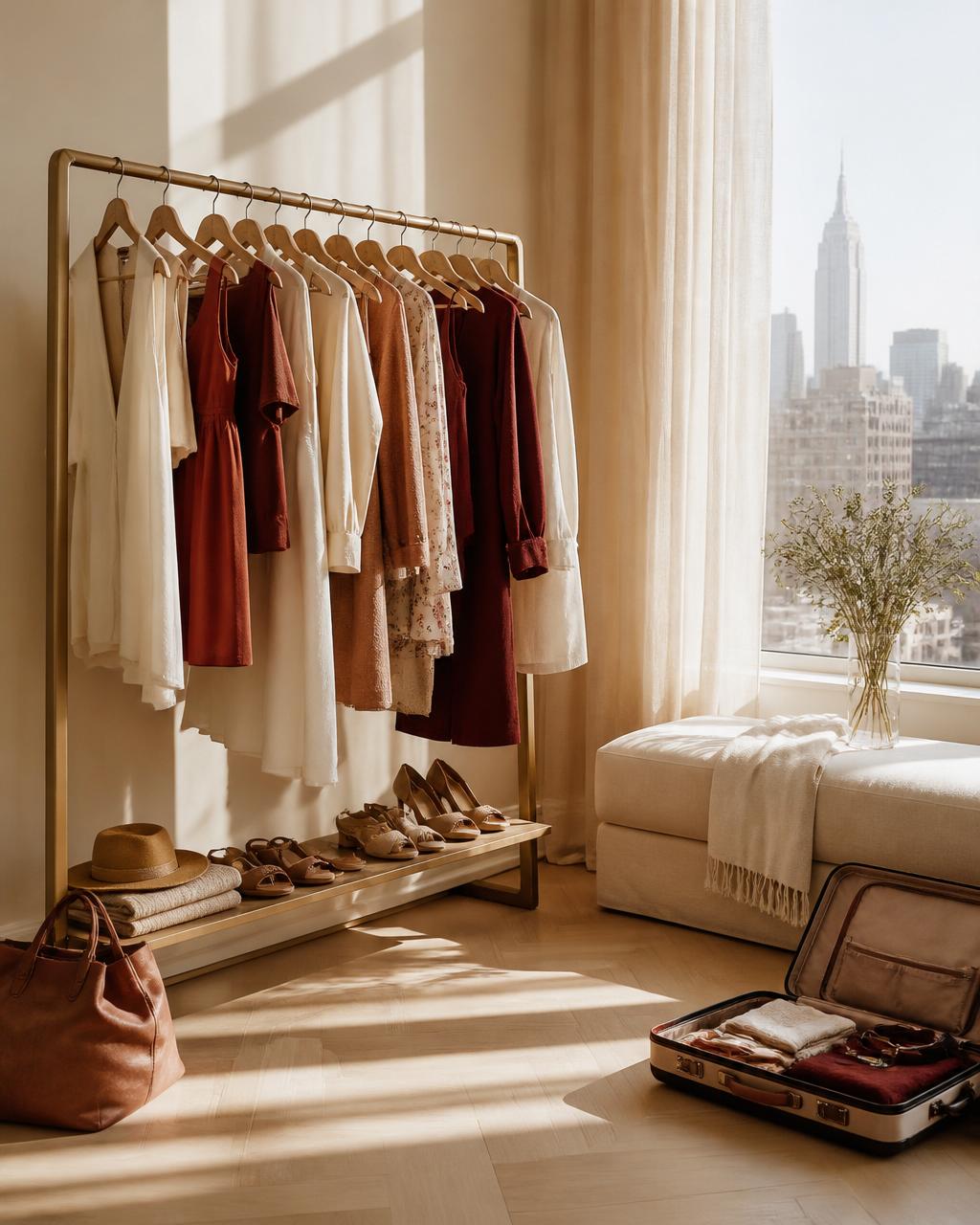 A curated clothing rack with travel looks in a sunlit NYC apartment, warm neutrals and wine tones