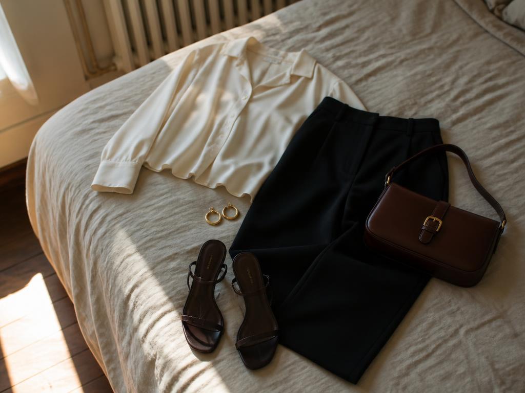 A weekend outfit laid out on a cream linen bed with silk blouse, trousers, and leather handbag.