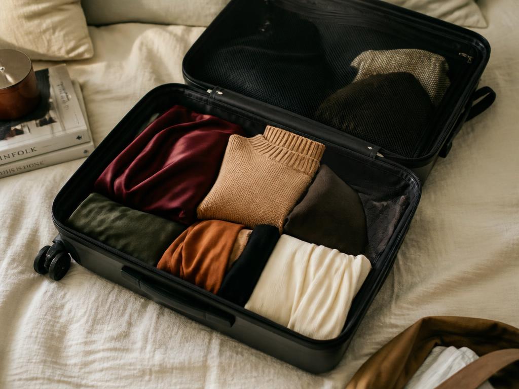 An open carry-on suitcase on a bed packed with burgundy, camel, and olive folded clothes.