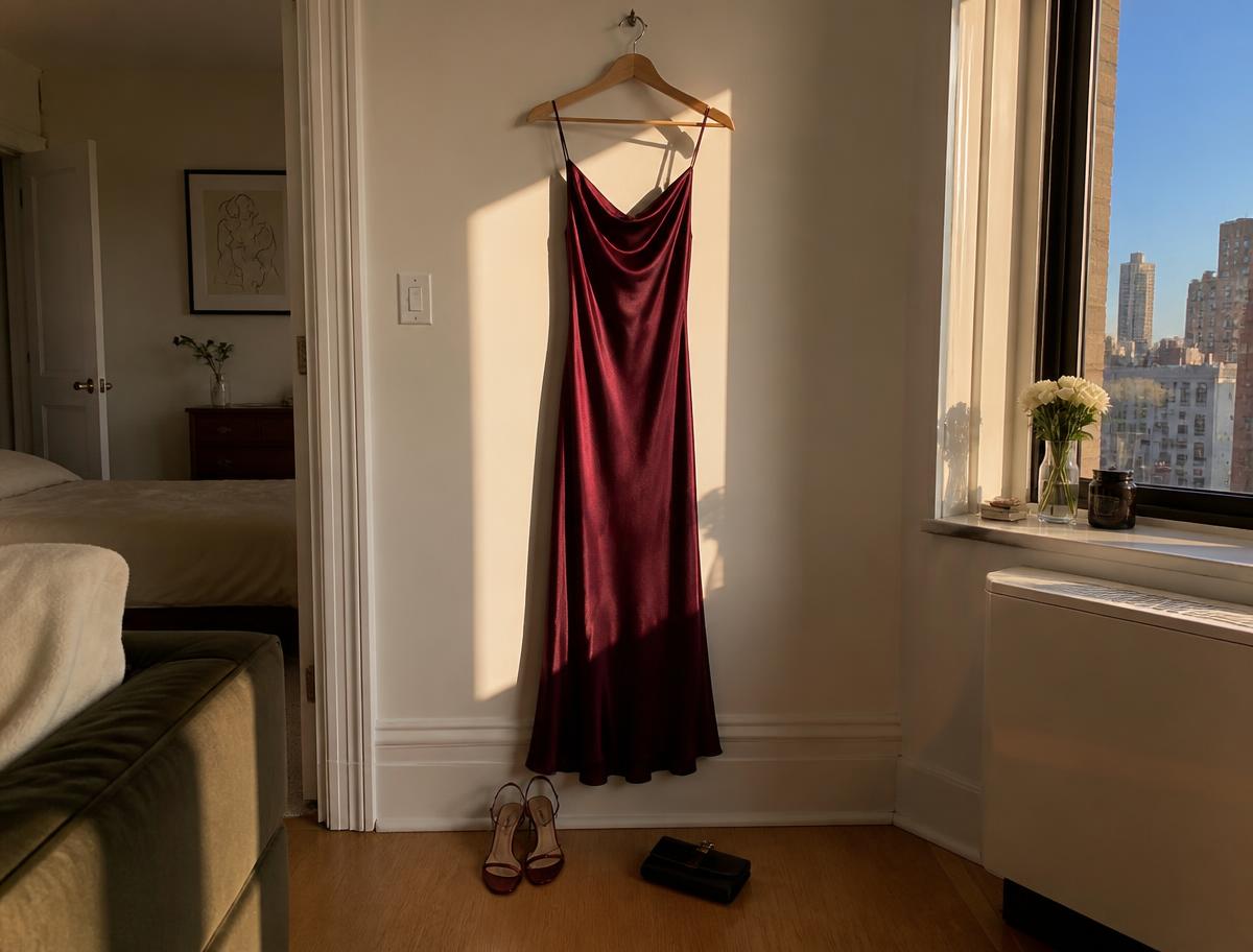 An elegant silk dress and designer handbag on a vintage hanger.