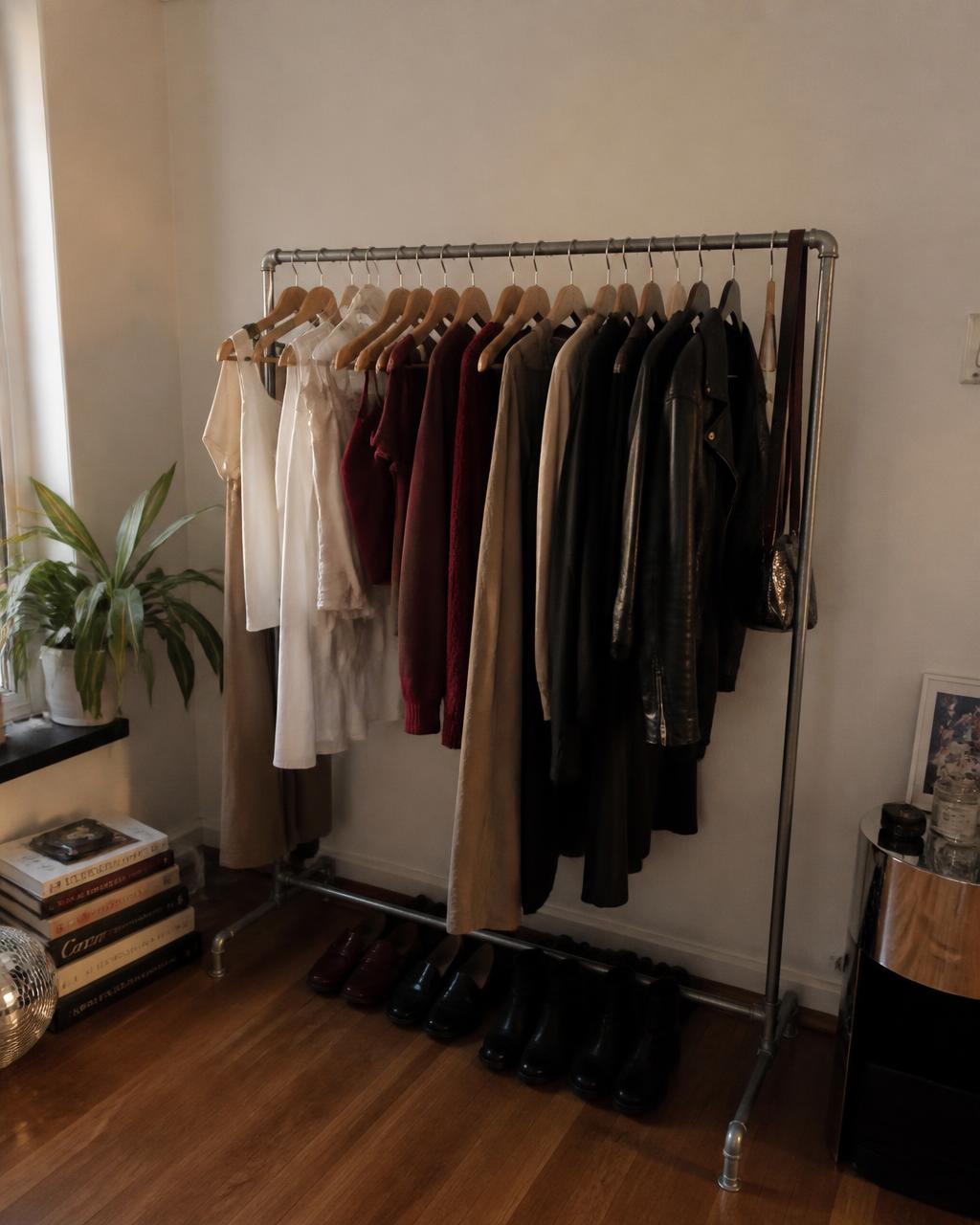 A clothing rack with travel looks in a sunlit NYC apartment, warm neutrals and wine tones