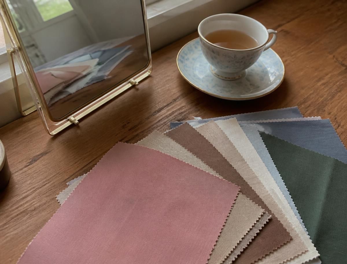 A refined palette of fabric swatches and color chips on marble.