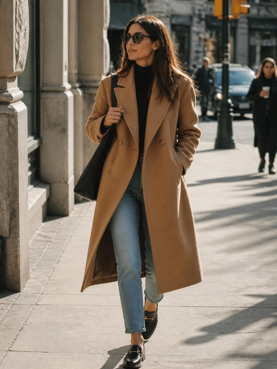 Camel midi wool coat on a sunlit sidewalk